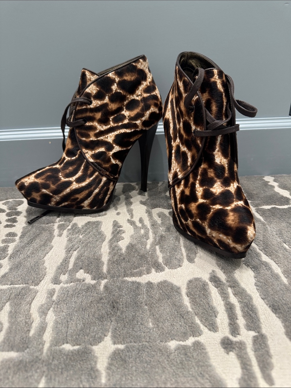Lanvin Leopard Print Lace-Up High Heel Ankle Boots - Brown